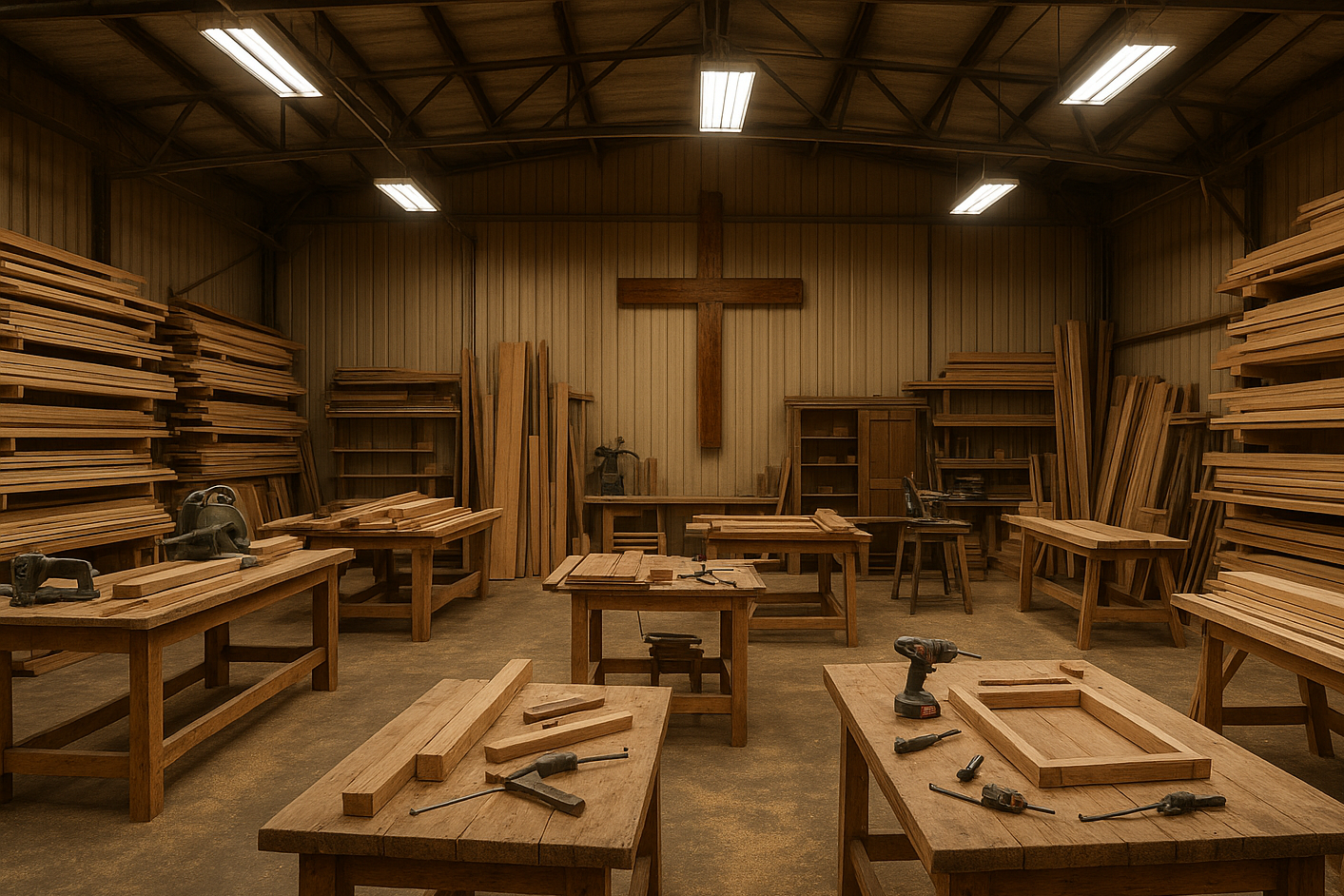 show like a warehouse with wood like making products and a cross on the wall in back